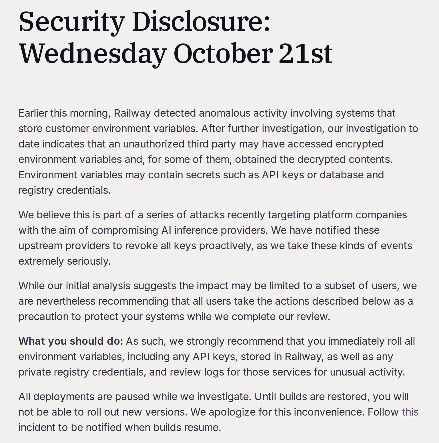 The top of Railway's October 21 security disclosure, from the title to the paused-deployments notice